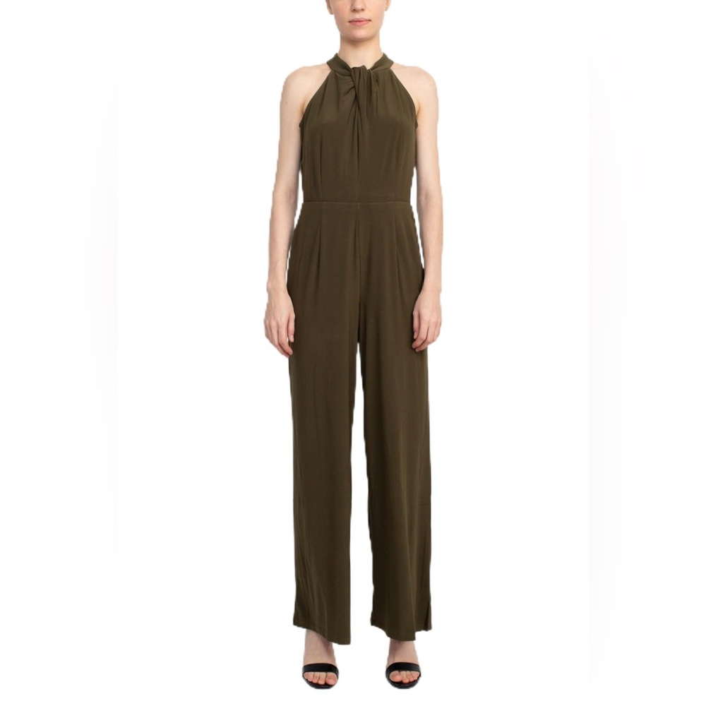 NWT Nina Leonard Wide-Leg Halter Jumpsuit—Dark Olive.